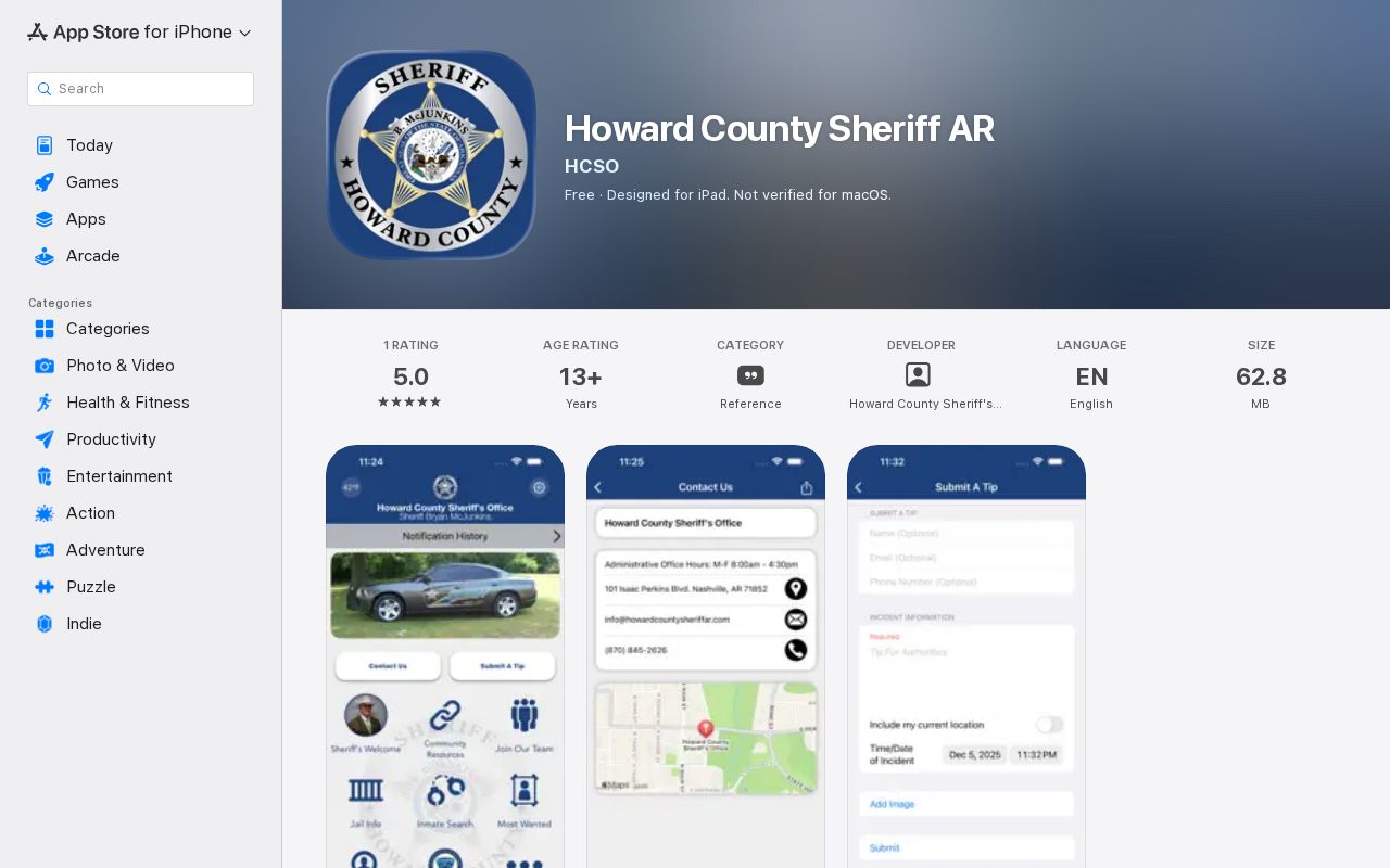 Howard County Sheriff AR app listing for inmate search and arrest information