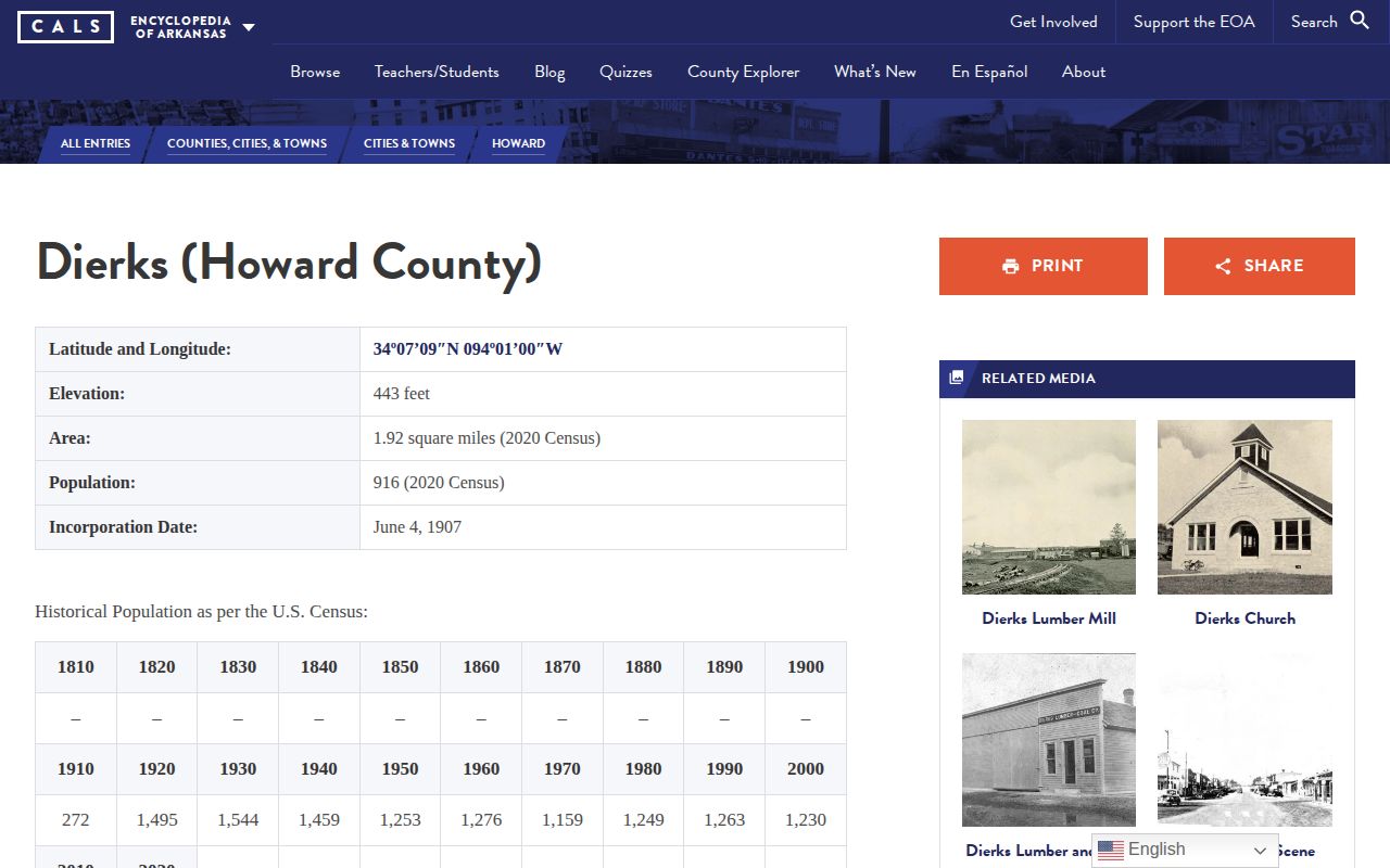 Encyclopedia of Arkansas Dierks city reference page