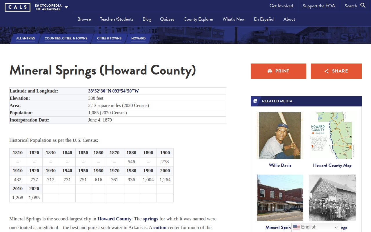 Encyclopedia of Arkansas Mineral Springs city reference page