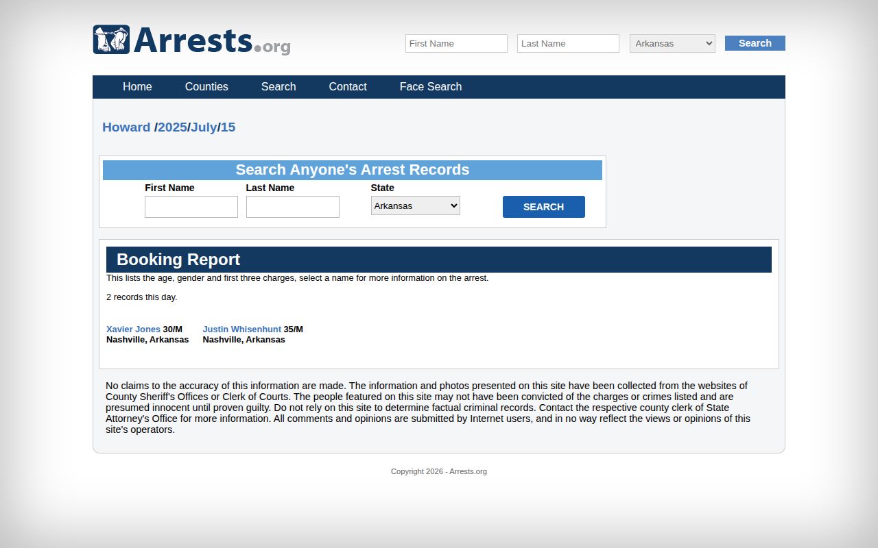 Unofficial dated Howard County arrest report page on Arkansas Arrests
