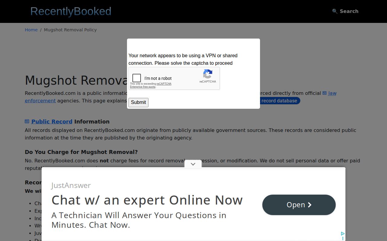 RecentlyBooked private policy for correction or removal of Howard County booking images
