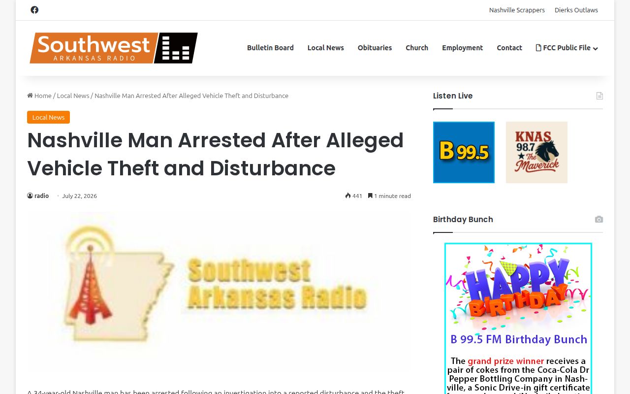 Southwest Arkansas Radio report about an alleged Nashville incident